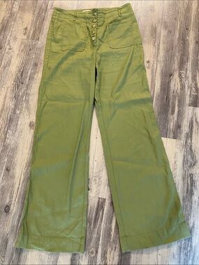 Maeve Anthropologie Colette Wide Leg Button Fly Linen Blend Cilantro 12 TALL